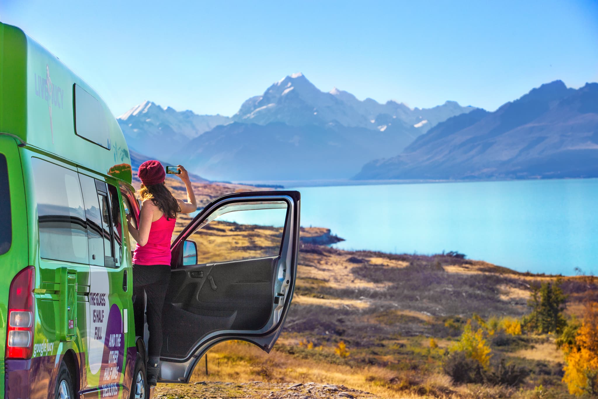 nz girl looking at lake pukaki